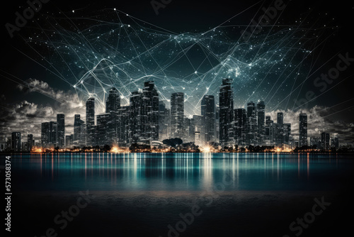 Technology network in the form of a city skyline, generative ai