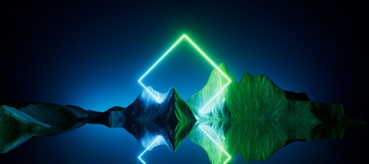 3d render, abstract neon background with rhombus geometric shape, square frame and extraterrestrial landscape under the night sky. Rocks and water reflection. Futuristic minimalist wallpaper