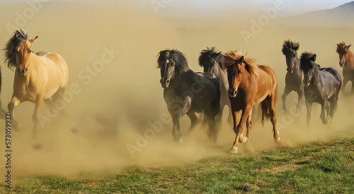 Herd of running wild multicolored  icelandic horses raising up cloud of dust - Iceland  Highlands