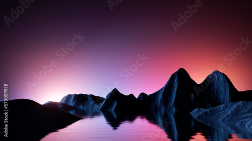 3d render, abstract landscape background. Panoramic scenery. Seascape with calm water and mountains under the pink blue sky, fantasy wallpaper