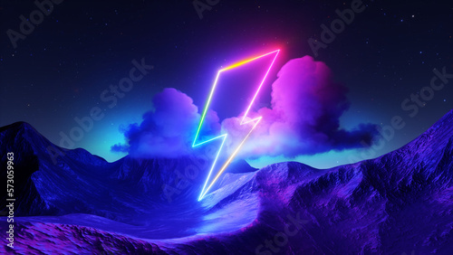 3d rendering. Abstract landscape background with glowing neon bolt symbol, stormy clouds, lightning and rocky mountains at night