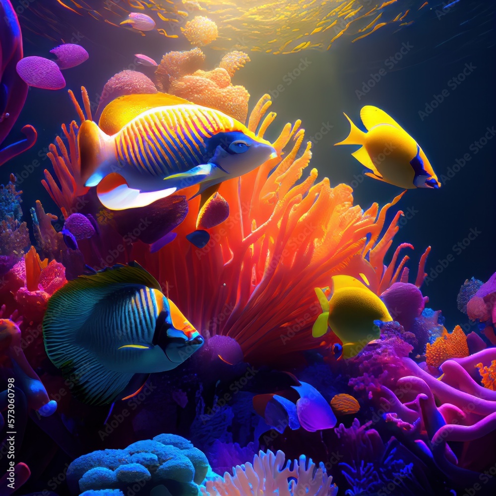 Coral reef, fish, plants. Generative AI