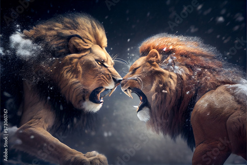 Leinwand Poster Two lion fighting and attacking on each other in winter season | Snowstorm in th