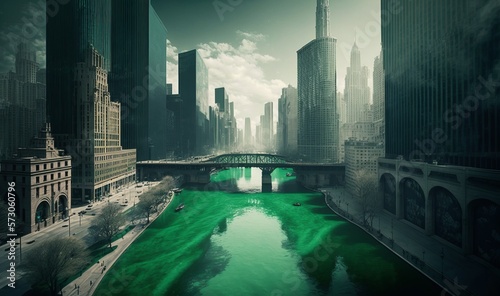 Panorama of the Chicago city during St. Patrick's Day. Generative AI