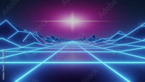 Synthwave animated Background. 80s wireframe Landscape. Retro Future Perspective Grid. Retrowave Style. Sci-fi Abstract Backdrop. 3d render. Seamless loop