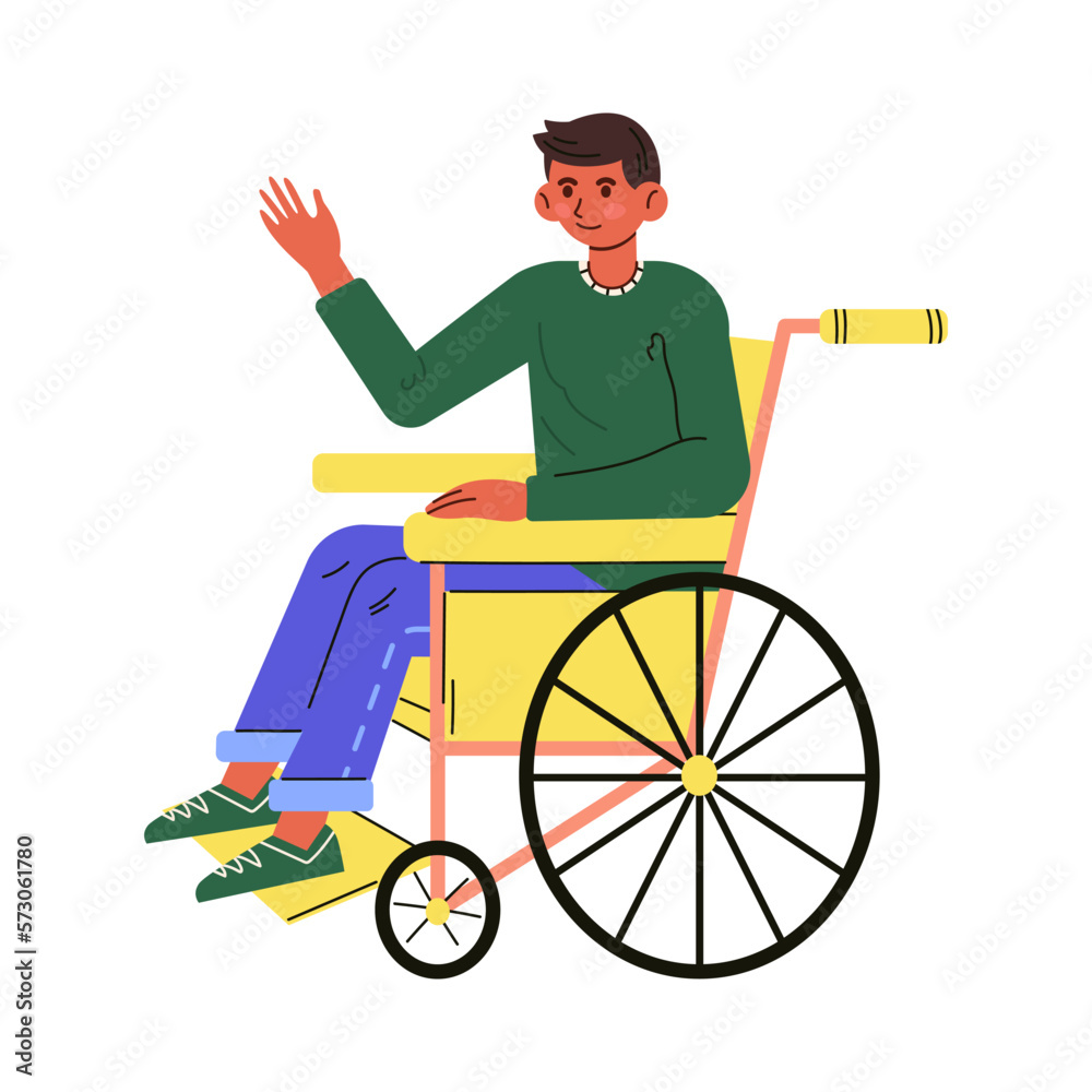 Young man with dark skin sitting in wheelchair. Happy guy living with disability. Flat illustration in cartoon style. Vector isolated on white. Young man with dark skin sitting in wheelchair. Happy guy living with disability. Flat illustration in cartoon style. Vector isolated on white.
