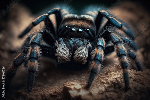 Image of a black tarantula taken up near and personal in a natural setting Generative AI