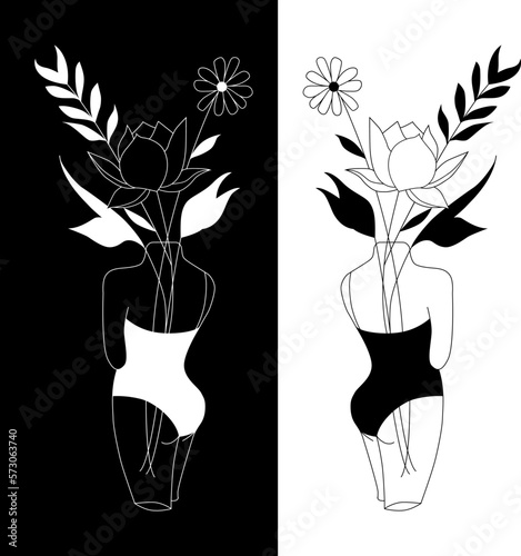 Vector set of women bodies line art illustrations, logos with flowers and leaves, feminine nature concept. Use for prints, tattoos, posters, textile, logotypes, cards etc.