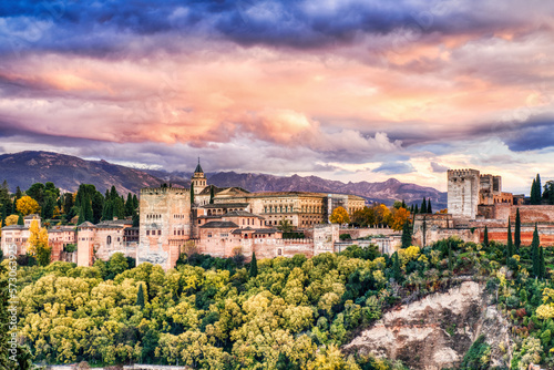 Alhambra Fortress Aerial View at Sunset with Amazing Clouds, Granada, Andalusia