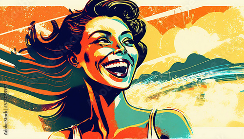 dusty retro risoprint style illustration of beautiful happy woman face on sunset sky background new quality creative travel stock image illustration design, Generative AI