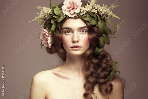 Beautiful young woman with floral wreath. AI generated image. 