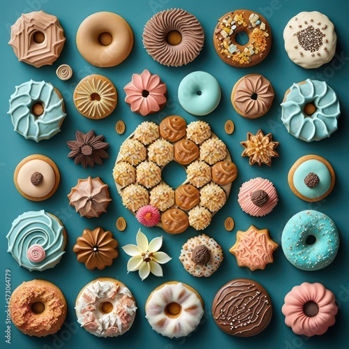 Donut Knolling: Top View of Colorful Assorted Donuts. Generative AI