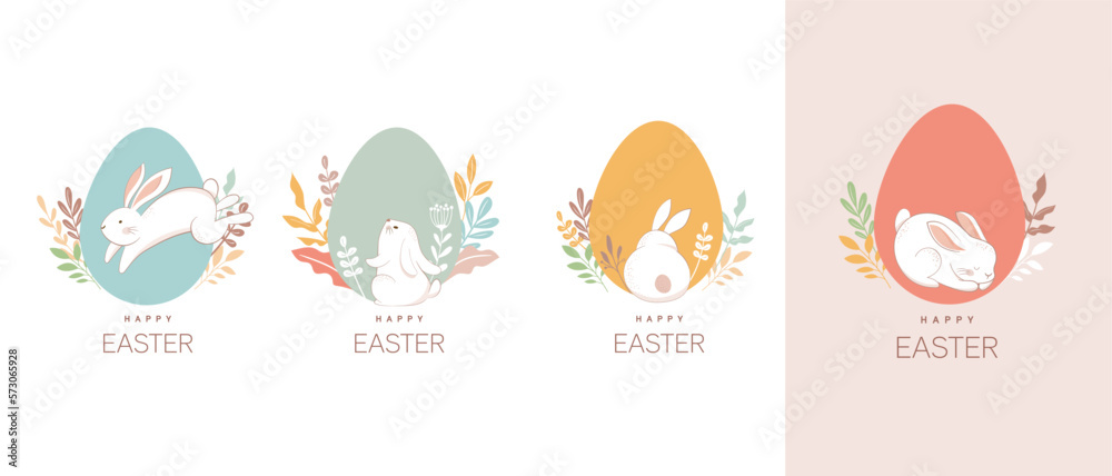 Happy Easter. Bunnies, eggs and flowers. Modern style design, pastel colors Happy Easter. Bunnies, eggs and flowers. Modern style design, pastel colors