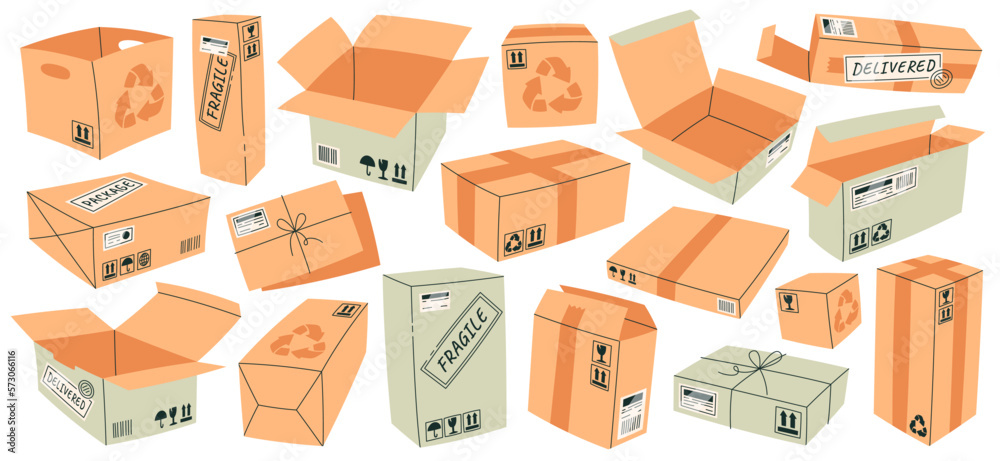 Fototapeta premium Cartoon cardboard boxes flat icons set. Paper container for packaging products.Delivery paperbox with stickers