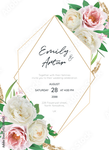 Elegant wedding invite, save the date card. Pink peony, cream white rose flow...