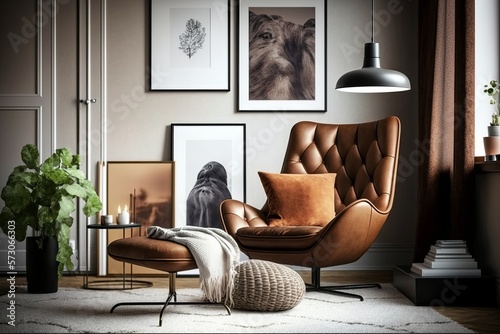 stylish interior of living room with design leather armchair.