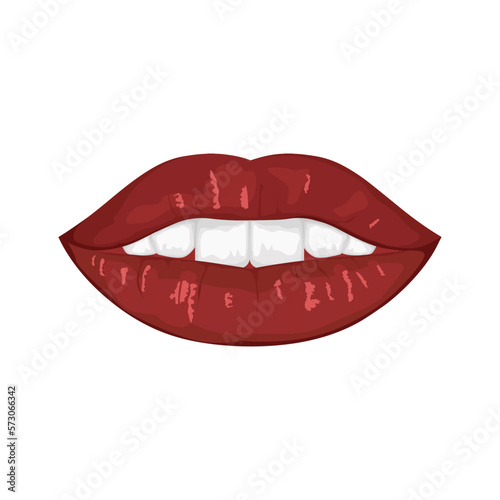 Realistic parted female lips with bright lipstick. Vector illustration