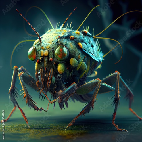 Green alien insect with multiple legs and feelers