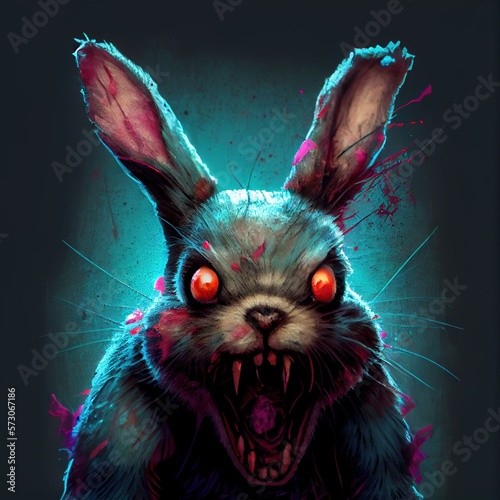 Foto Vampire rabbit showing fangs. Head portrait.