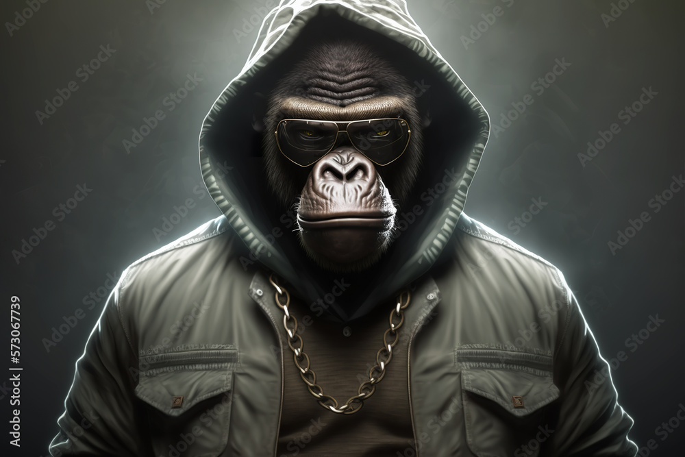 monkey in jacket and sunglasses with golden chains, rapper or bandit, gangster, cool gorilla. Illustration. Generative AI. - obrazy, fototapety, plakaty 