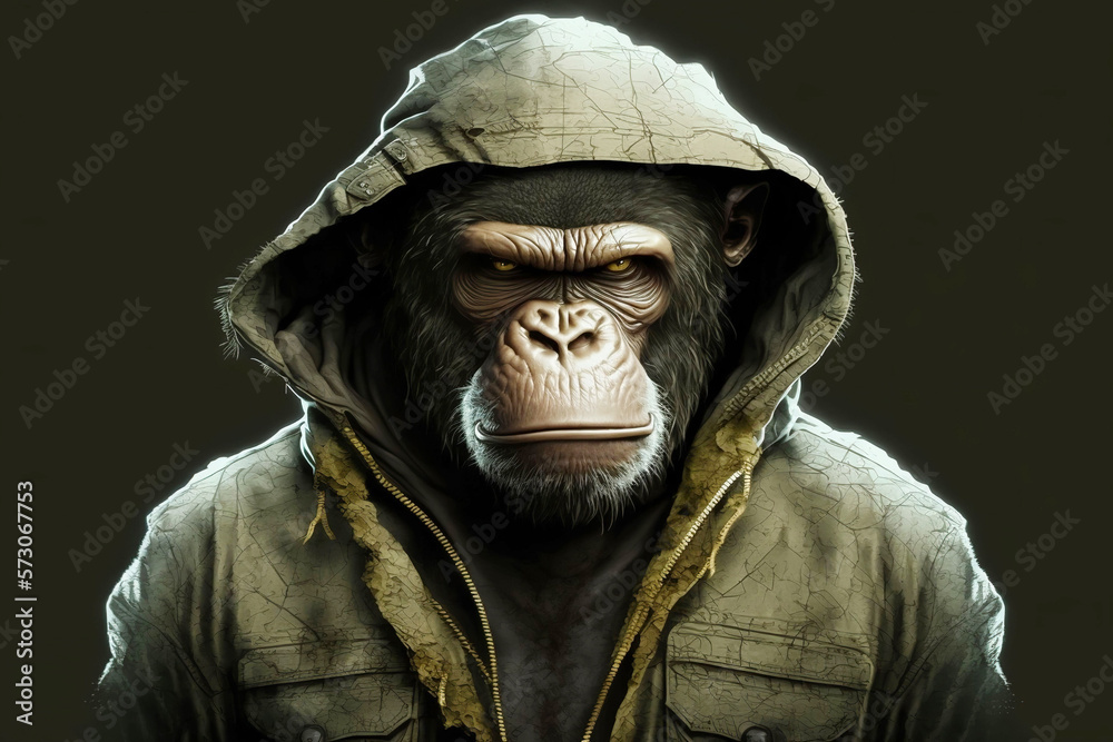monkey in jacket, rapper or bandit, gangster, cool gorilla. Illustration. Generative AI. - obrazy, fototapety, plakaty 