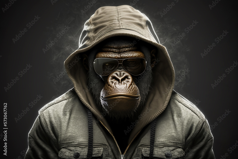 monkey in jacket and sunglasses, rapper or bandit, gangster, cool gorilla. Illustration. Generative AI.