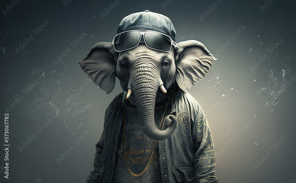 elephant in leather jacket with golden chains, rapper or bandit, gangster, cool elephant . Illustration. Generative AI.