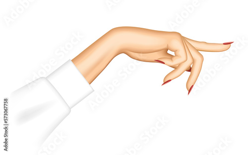 Female pointing hand isolated on white. Index finger of woman. Vector illustration