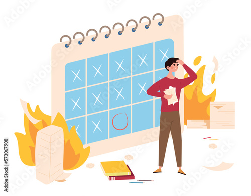 Office worker missing deadline. Man with papers stands against background of calendar. Time management and planning, goal setting. Pressure, panic and stress. Cartoon flat vector illustration