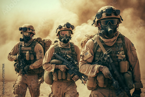 Team of United states airborne infantrymen with weapons moving patrolling desert storm in the background of the squad, sunlight, front view photo