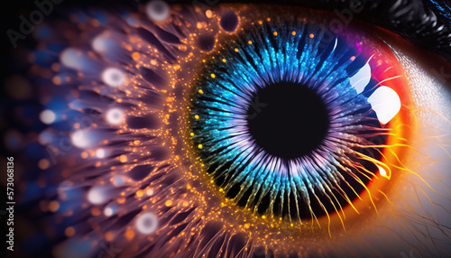An Eye in the Future. A close up view of an eye. iris turns into fireworks. Futuristic vibe. Visions of the future concept. Generative AI.