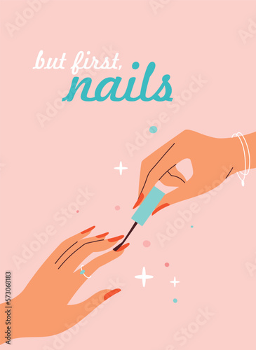 Manicured hands concept. Pedicure and beauty treatment session. Advertising poster or banner for website. Beauty and aesthetics, hygiene. Cartoon flat vector illustration