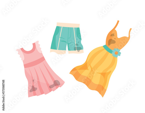 Dirty and clean clothes. Briefs and two dresses with dirty spots, fashion and style. Childrens clothing for boys and girls. Apparel and wear, hygiene. Cartoon flat vector illustration