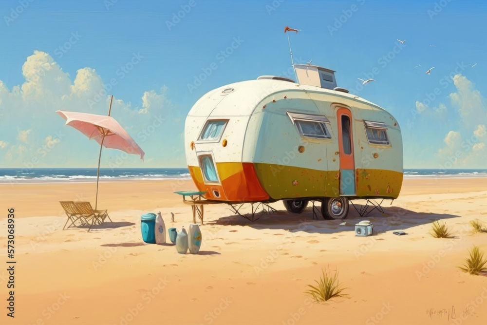 The Perfect Getaway - Caravan by the Beach on a Sunny Day Generative AI	