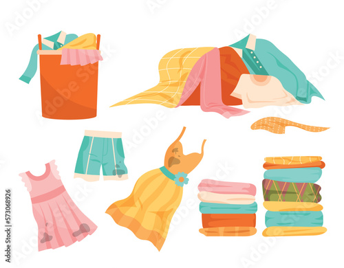 Dirty and clean clothes set. Collection of childrens dresses and shorts, cleanliness and hygiene. Household chores and routine. Cartoon flat vector illustrations isolated on white background