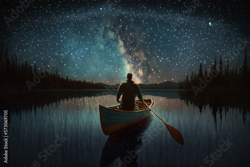 Fototapete A Blogger's Journey on a Canoe at Night, Paddling Through the Stars
