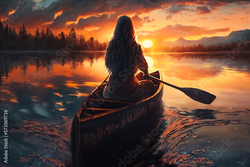 A Woman's Journey on a Canoe at Sunset, Paddling Through the Water. Generative AI