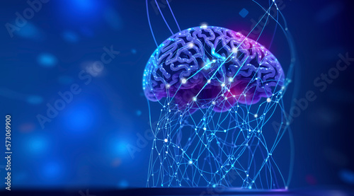 Illustration of a human brain connected by complex wires and glowing links, neural network, machine learning concept. Bokeh background. Copy space