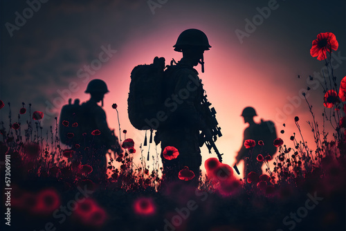 Remembrance Day. Silhouettes of soldiers at poppy field created with generative AI technology photo