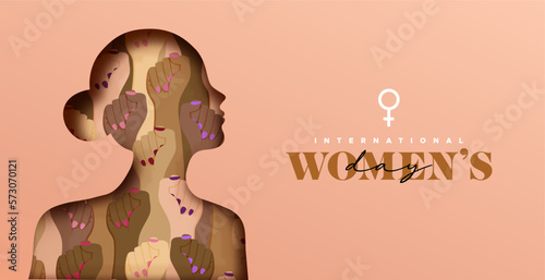 Women’s day papercut woman silhouette high fist concept card