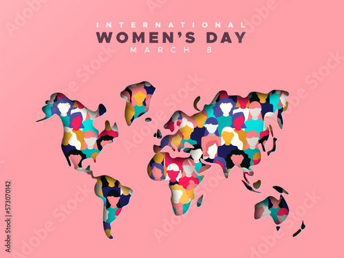 International women’s day world map cutout diverse woman card design