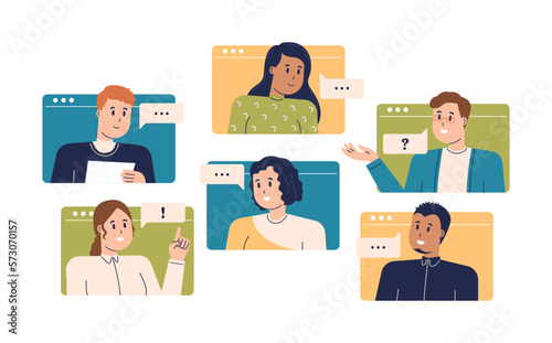 Conference Call with Business Team Online. Virtual Remote Work Vector Illustration.
