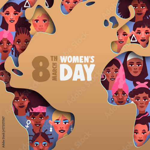 International women’s day 3d papercut world map diverse culture concept card