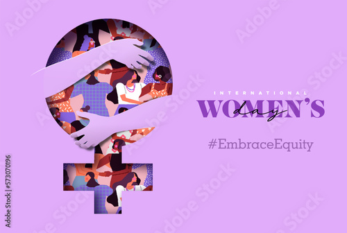 Valokuva Women's Day two hands embrace female symbol concept card