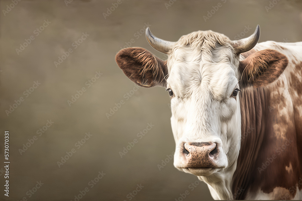 portrait of a brown and white cow, Created using generative AI tools.