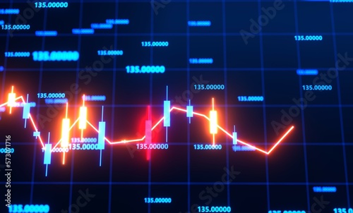 Neon line of financial graphs charts, stock market prices, business strategy against of world map. International trading, Digital marketing. 3D rendering