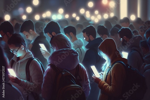 Crowd of people on the street watching like zombies on their smartphones. Ai generative photo
