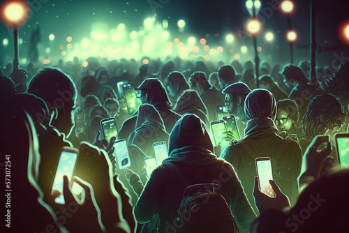 Abstract crowd of people on the street watching like zombies on their smartphones. Ai generative photo
