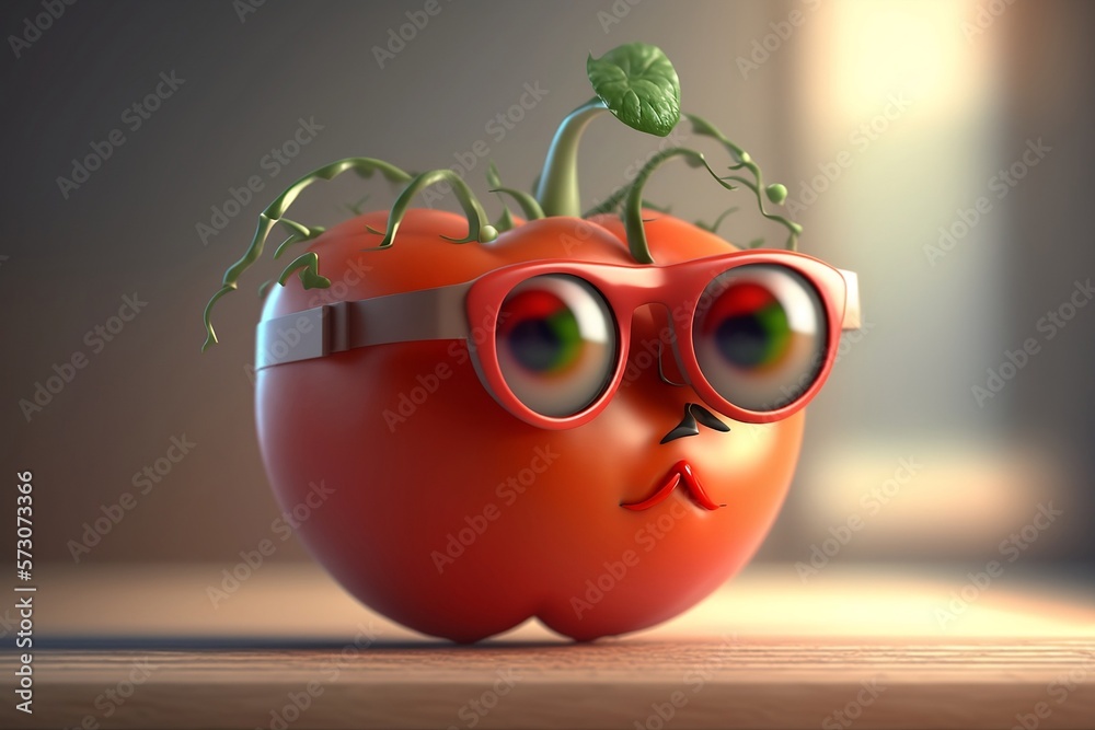 tomato in sunglasses cartoon, cartoon vegetables, red tomato close-up, generative ai	