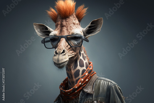 portrait of a giraffe in a jacket and sunglasses, thug or gangster, cool giraffe. Illustration. Generative AI. © innluga